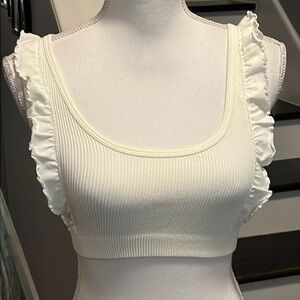 Zara XS Off White Crop Top. Ruffles on front & back. Like New. Lots of stretch